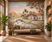 Whispering Garden Estate artistic wall mural with villa and lotus flowers in a dining room, GD13084