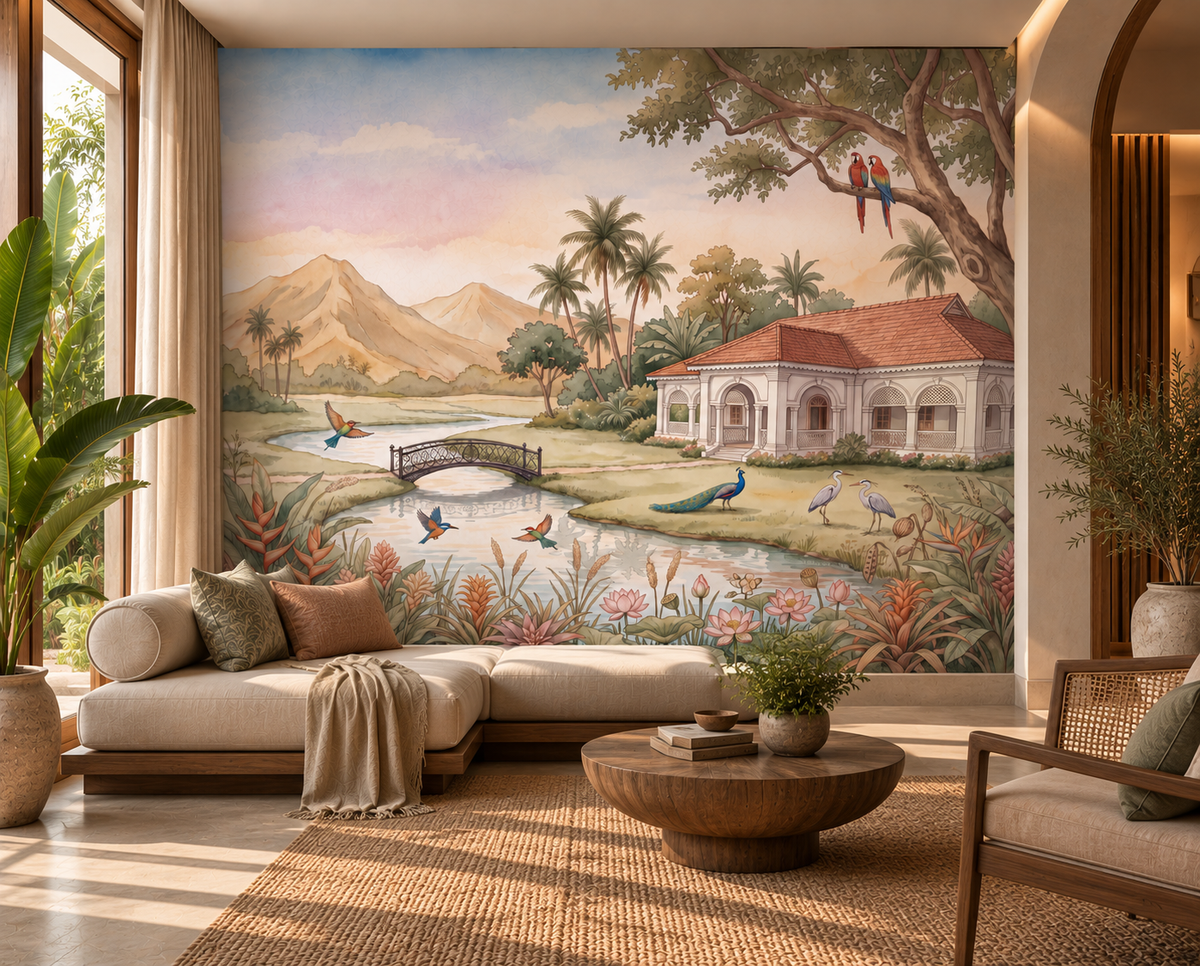 Whispering Garden Estate pastel landscape mural with birds and palms in a hallway, GD13084