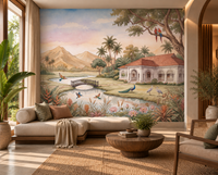 Whispering Garden Estate pastel landscape mural with birds and palms in a hallway, GD13084