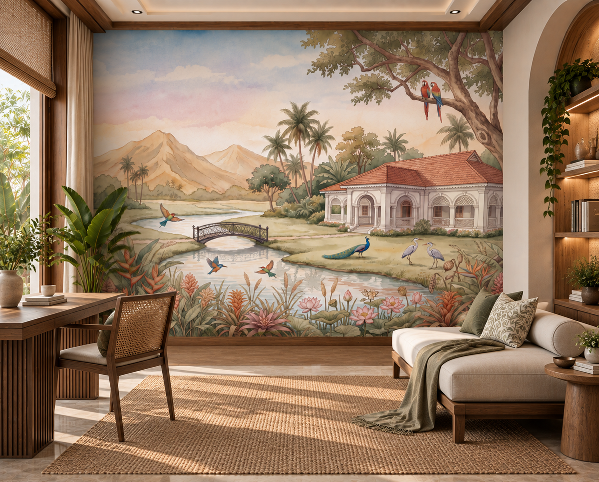 Whispering Garden Estate watercolour mural close-up of macaws and shade trees, GD13084