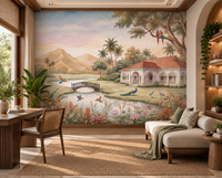 Whispering Garden Estate watercolour mural close-up of macaws and shade trees, GD13084
