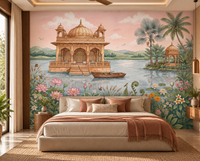 Lotus Lake Palace chinoiserie mural full view with palace, boat and lotus pond, GD13085