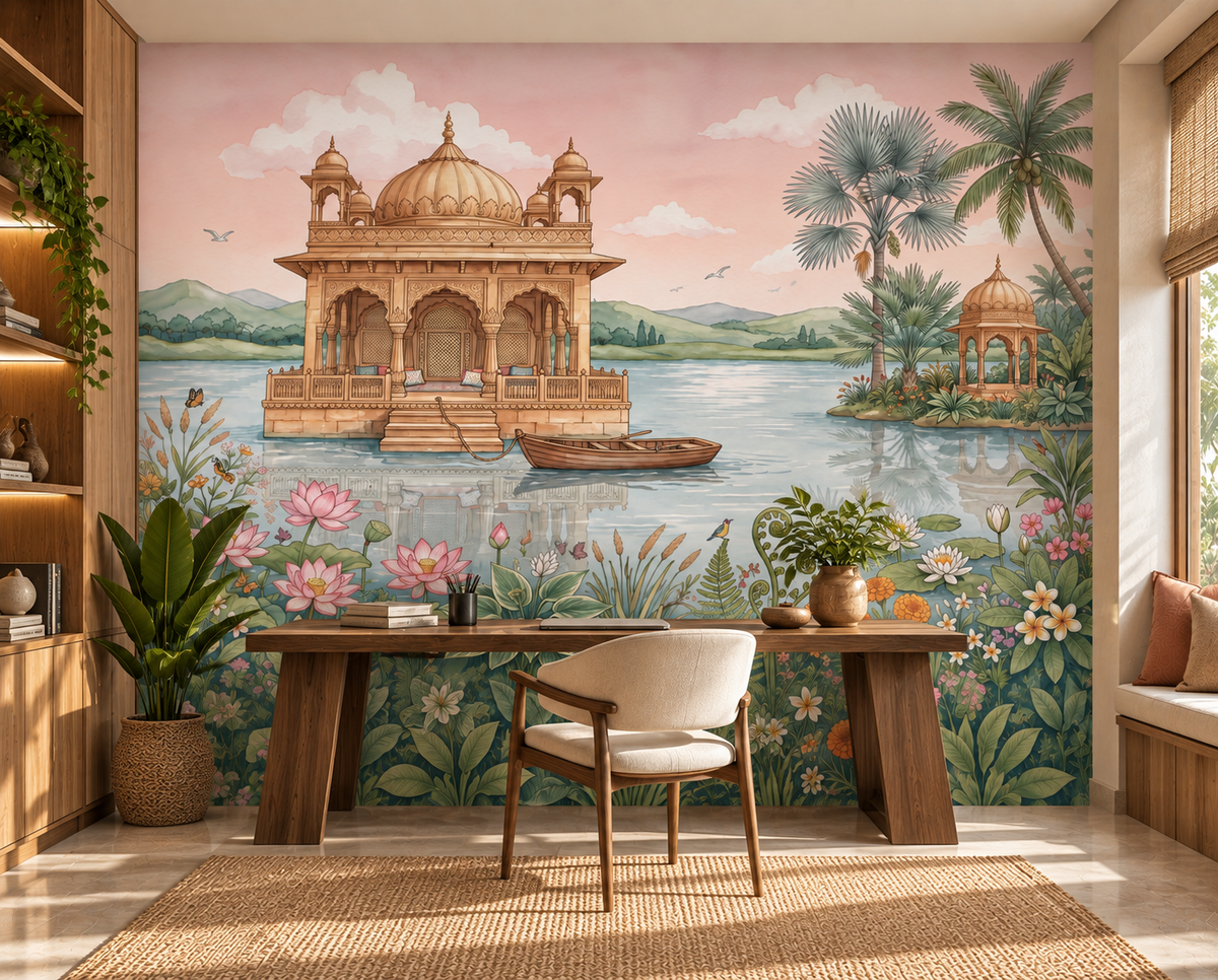 Lotus Lake Palace watercolour mural with sandstone palace, palms and pink lotus in a bedroom, GD13085