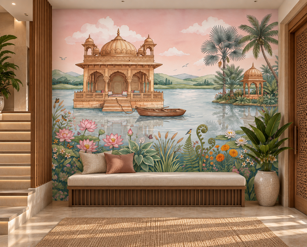 Lotus Lake Palace mural with domed chhatri pavilion and wooden boat on a calm lake, GD13085