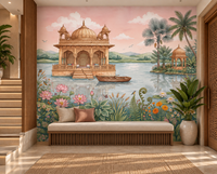 Lotus Lake Palace mural with domed chhatri pavilion and wooden boat on a calm lake, GD13085