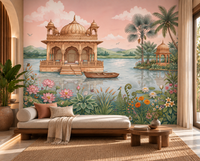 Lotus Lake Palace chinoiserie mural with marigolds, ferns and butterflies in a bedroom, GD13085