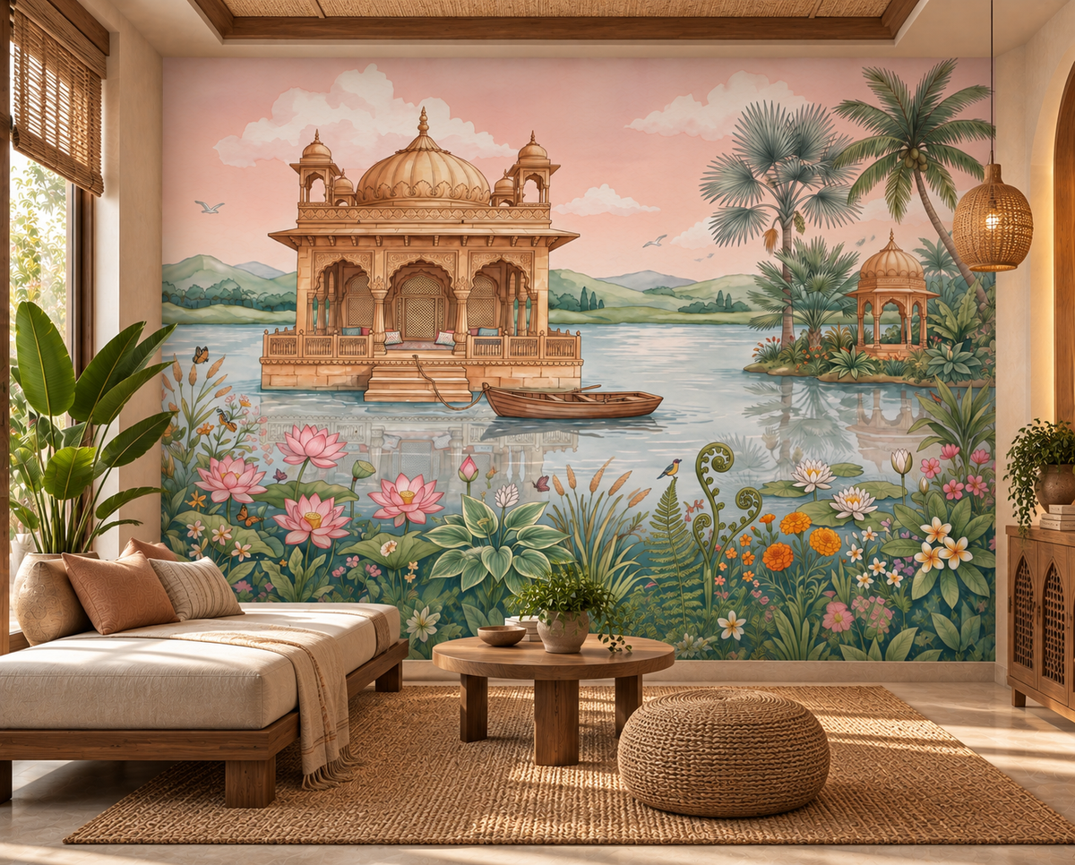 Lotus Lake Palace pastel mural with palace, palms and blush pink sky in a living room, GD13085