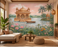 Lotus Lake Palace pastel mural with palace, palms and blush pink sky in a living room, GD13085