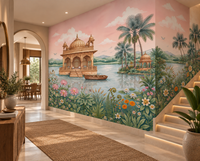 Lotus Lake Palace mural close-up of pink lotus flowers and marigolds by the shore, GD13085