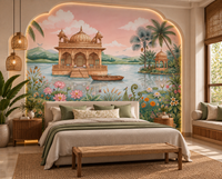 Lotus Lake Palace mural with birds, butterflies and green island pavilion, GD13085