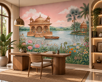 Lotus Lake Palace mural detail of palm trees and lake palace domes, GD13085