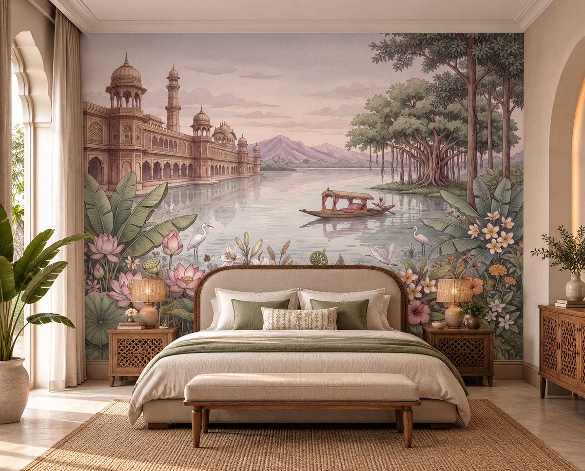 Palace of Serene Waters landscape mural full view with palace, lake and lotus, GD13086