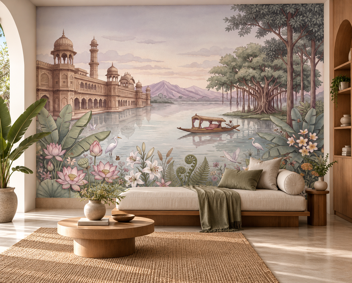 Palace of Serene Waters mural with lavender hills, banyan trees and pink lotus in a bedroom, GD13086