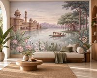 Palace of Serene Waters mural with lavender hills, banyan trees and pink lotus in a bedroom, GD13086