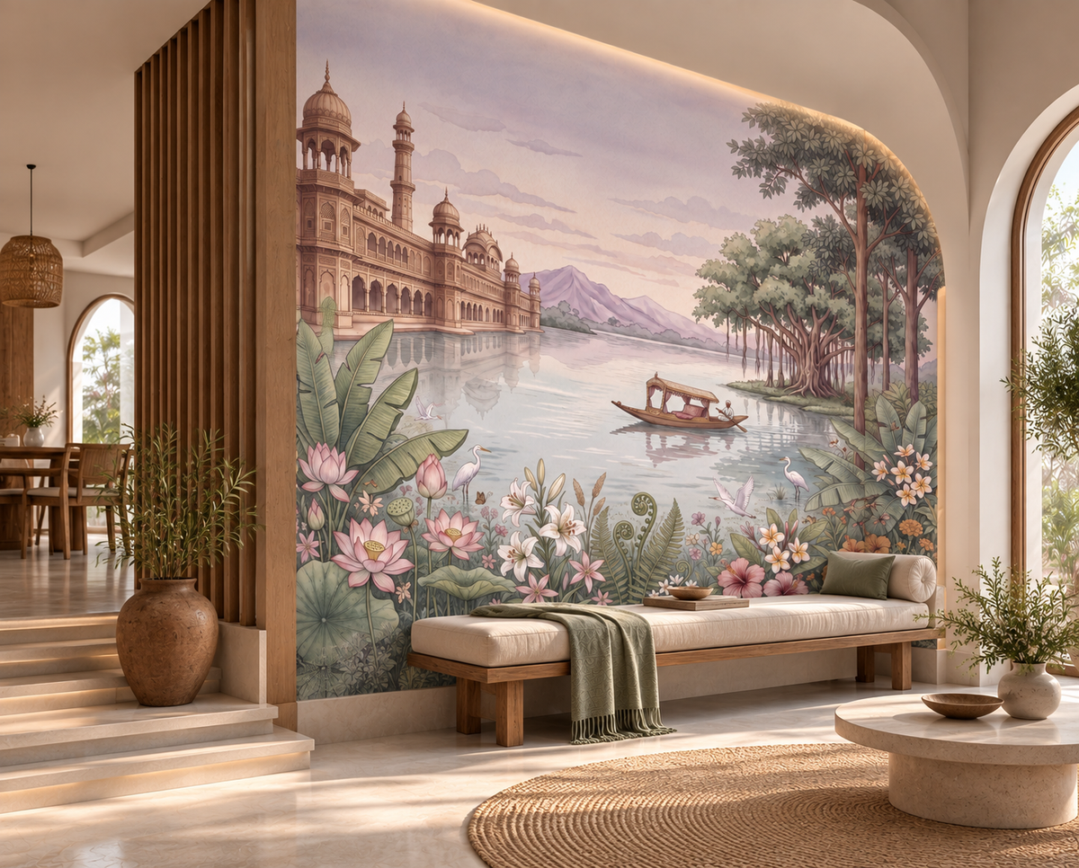 Palace of Serene Waters mural with white herons, lilies and hibiscus in a bedroom, GD13086