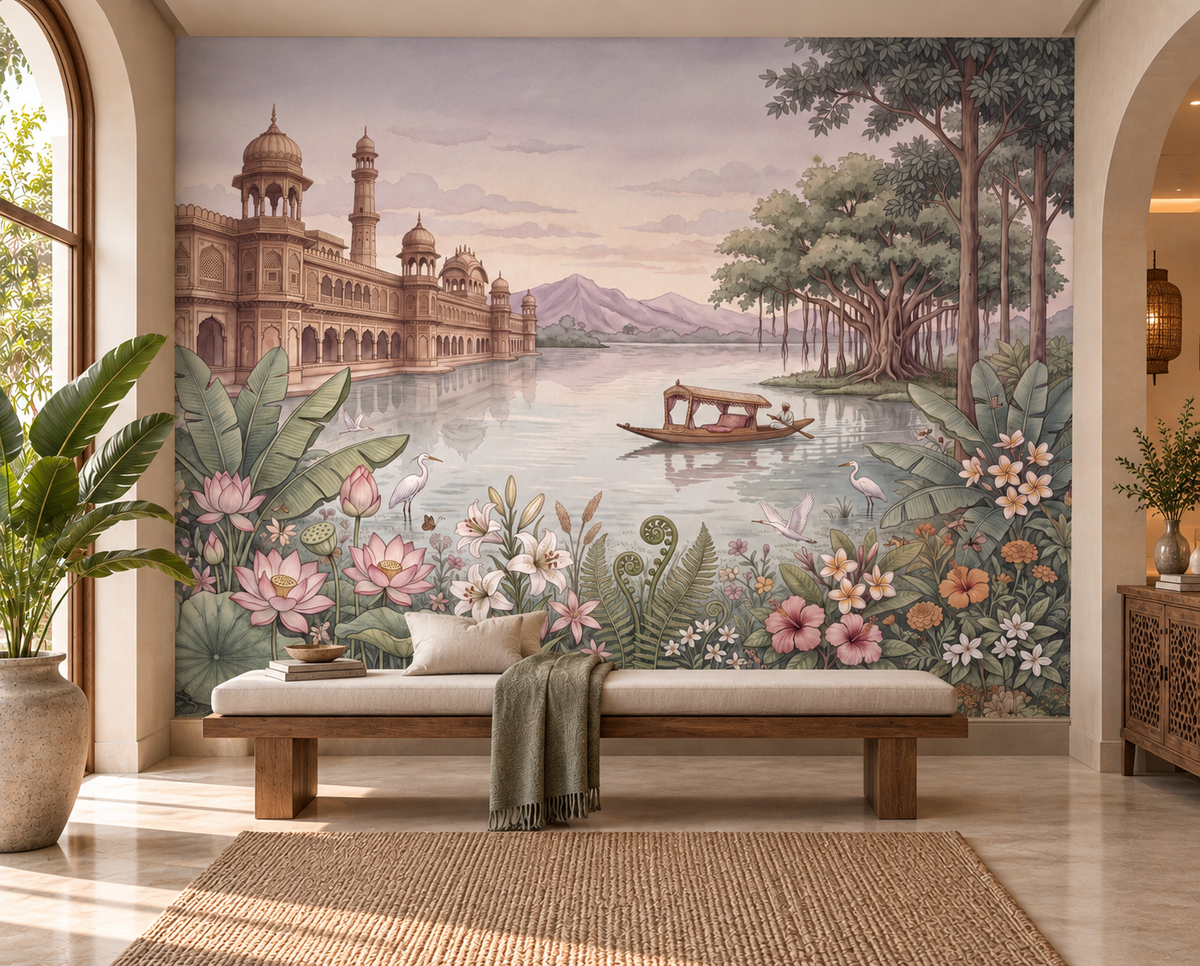 Palace of Serene Waters pastel mural with dawn sky and lake palace in a living room, GD13086
