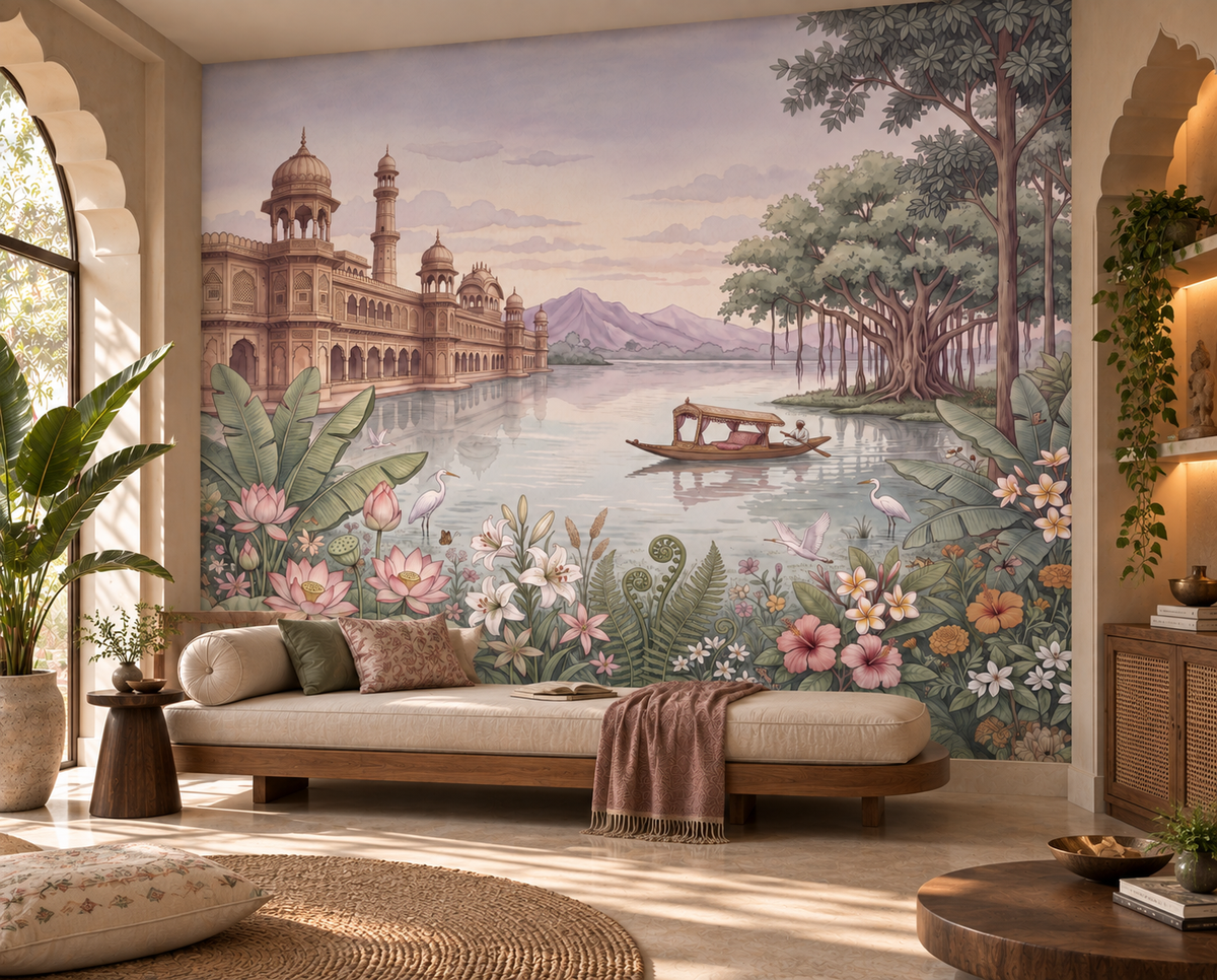 Palace of Serene Waters mural detail of banyan trees and lavender mountains, GD13086