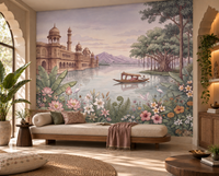 Palace of Serene Waters mural detail of banyan trees and lavender mountains, GD13086