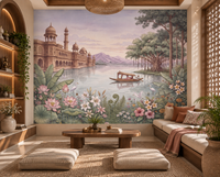 Palace of Serene Waters mural close-up of pink lotus and marigolds by the lake, GD13086