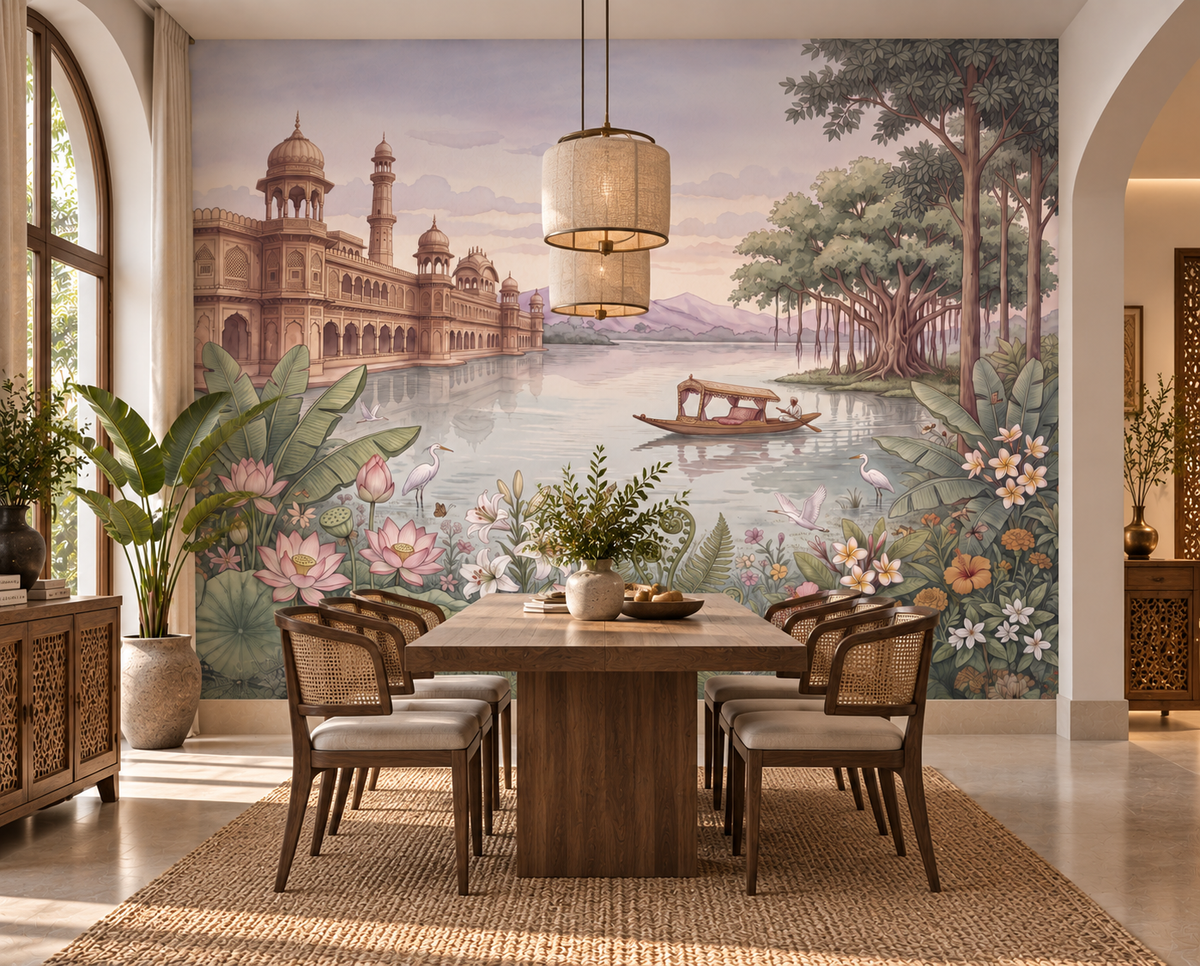 Palace of Serene Waters mural with boatman and white herons over glassy water, GD13086