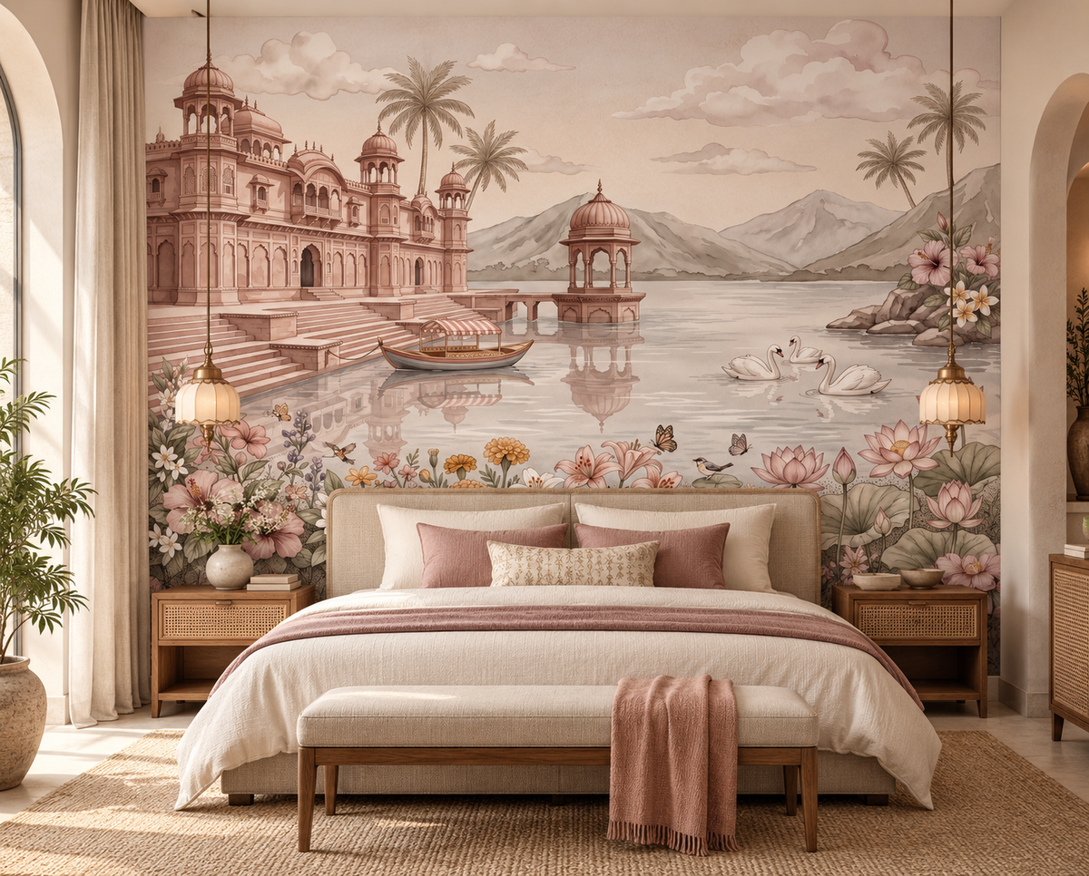 Swan Lake Palace watercolour mural full view with palace, swans and lotus lake, GD13087