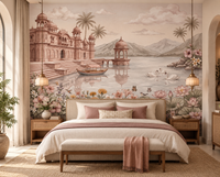 Swan Lake Palace watercolour mural full view with palace, swans and lotus lake, GD13087