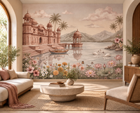 Swan Lake Palace mural with dusty rose palace, boat and misty lake, GD13087