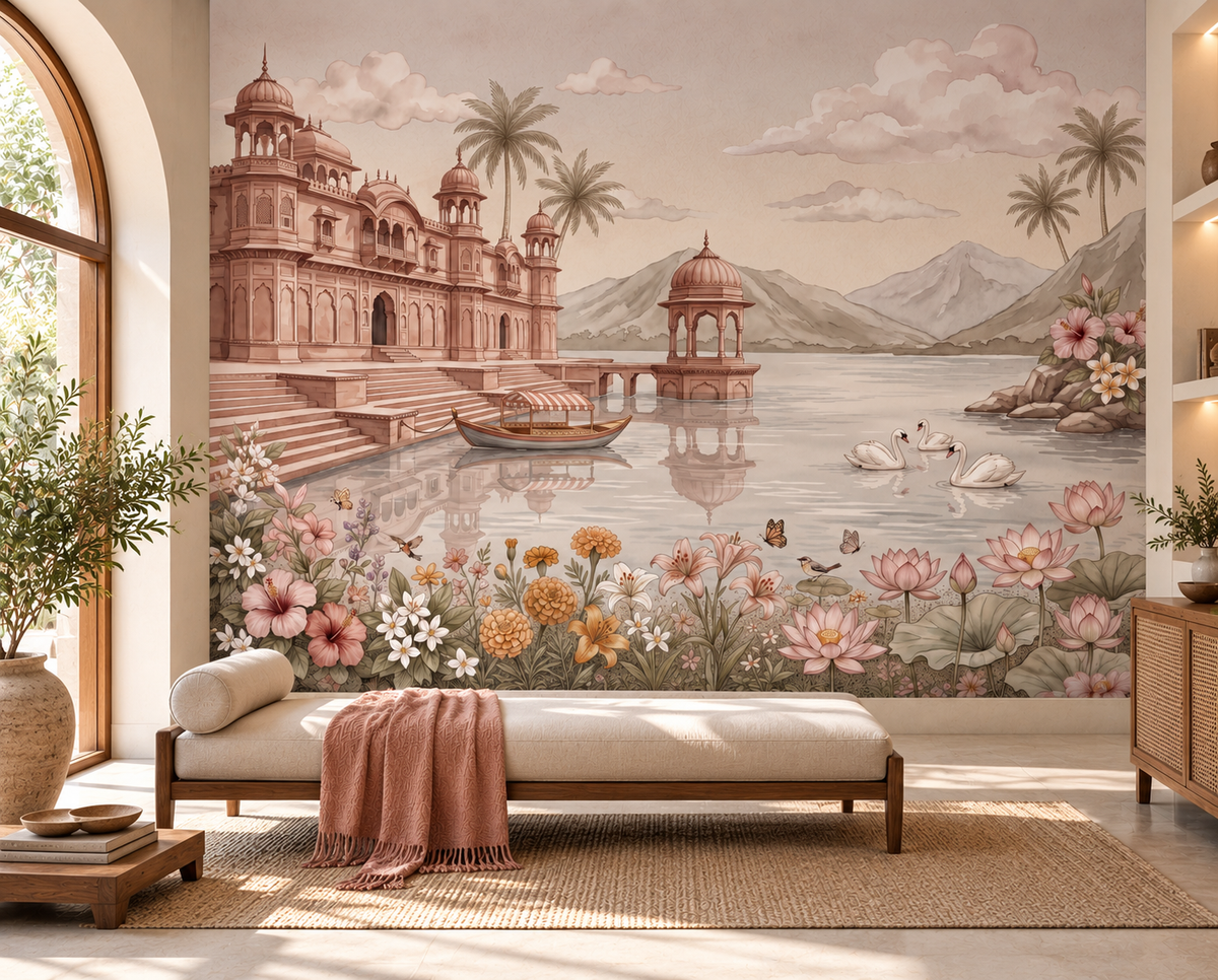 Swan Lake Palace watercolour mural with white swans gliding on a calm lake, GD13087
