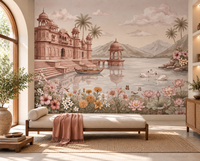Swan Lake Palace watercolour mural with white swans gliding on a calm lake, GD13087