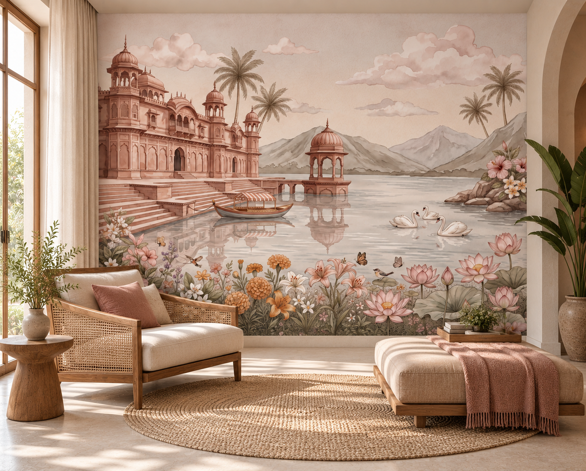 Swan Lake Palace mural with pink lotus, lilies and marigolds in the foreground, GD13087