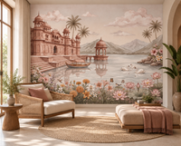 Swan Lake Palace mural with pink lotus, lilies and marigolds in the foreground, GD13087