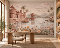Swan Lake Palace mural with palace domes, palms and hazy mountains, GD13087
