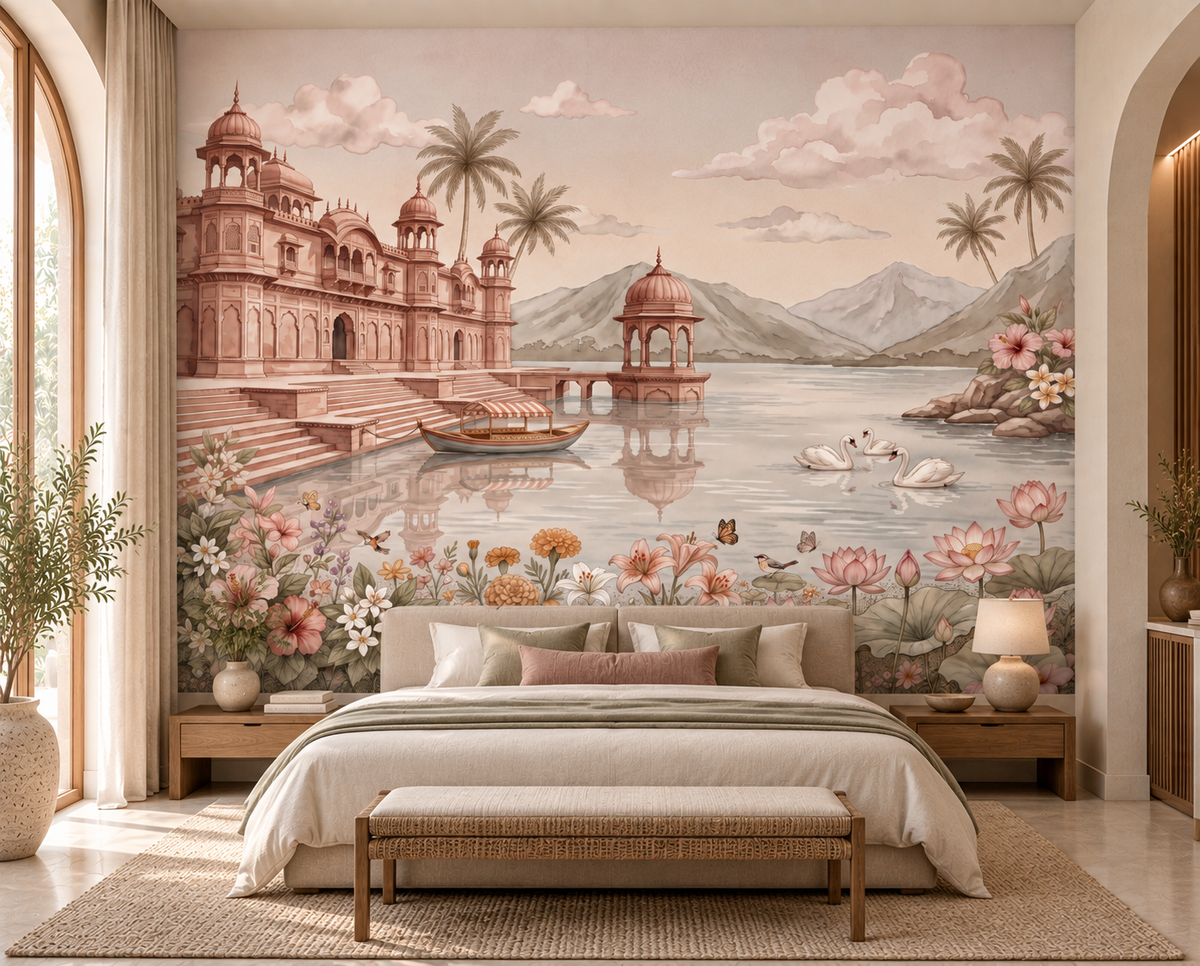 Swan Lake Palace mural close-up of white swans and pink lotus blooms, GD13087