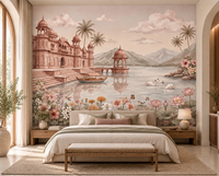 Swan Lake Palace mural close-up of white swans and pink lotus blooms, GD13087