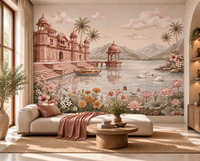 Swan Lake Palace mural with butterflies and floral tapestry by the lake, GD13087