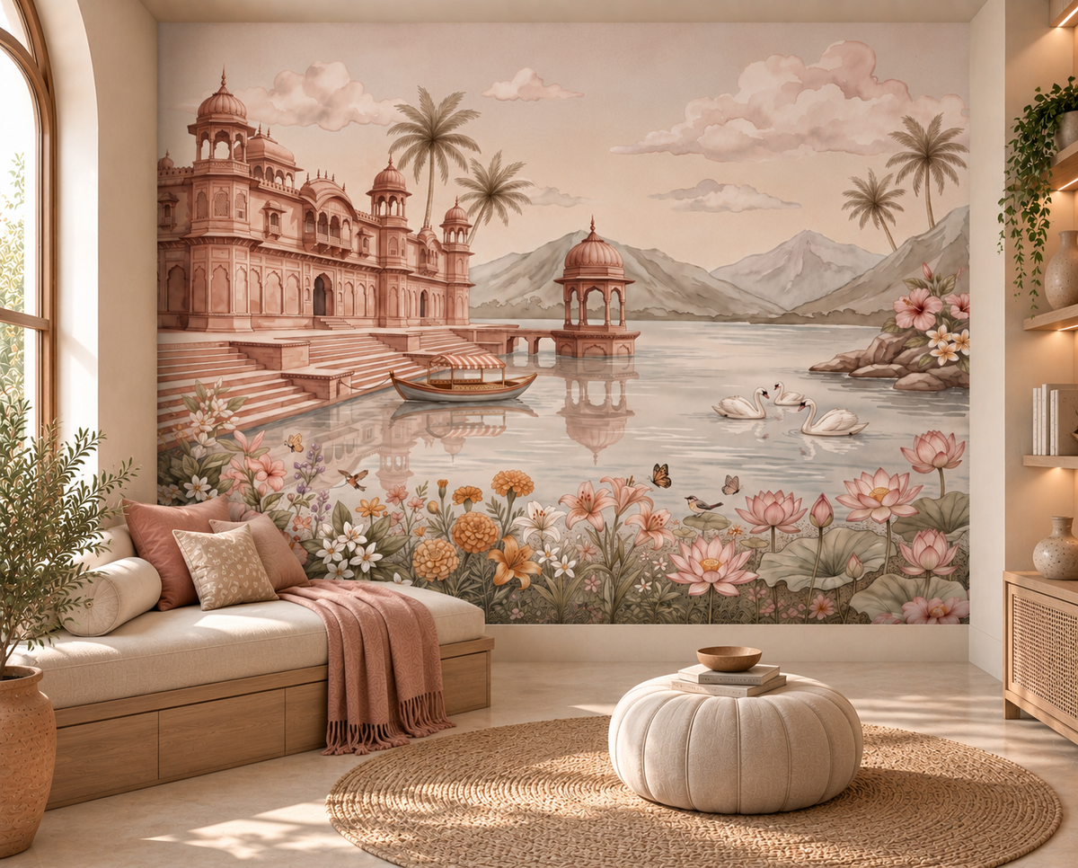 Swan Lake Palace mural detail of rose-pink palace architecture, GD13087