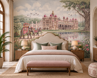 Maharaja's Lotus Garden watercolour mural full view with palace, elephants and pond, GD13088