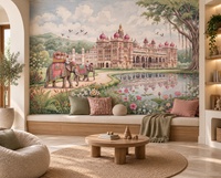 Maharaja's Lotus Garden mural with pink-domed palace and caparisoned elephants, GD13088