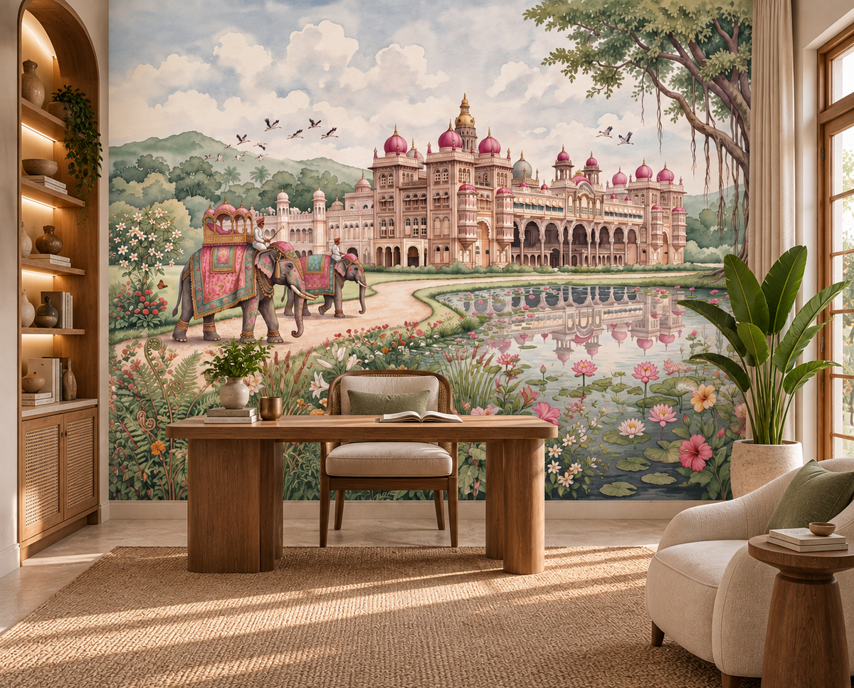 Maharaja's Lotus Garden mural with elephants walking a sunlit garden path, GD13088