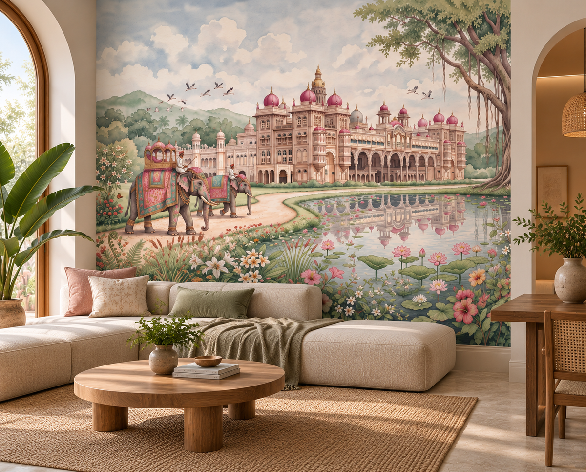 Maharaja's Lotus Garden mural with banyan trees and lotus pond reflection, GD13088