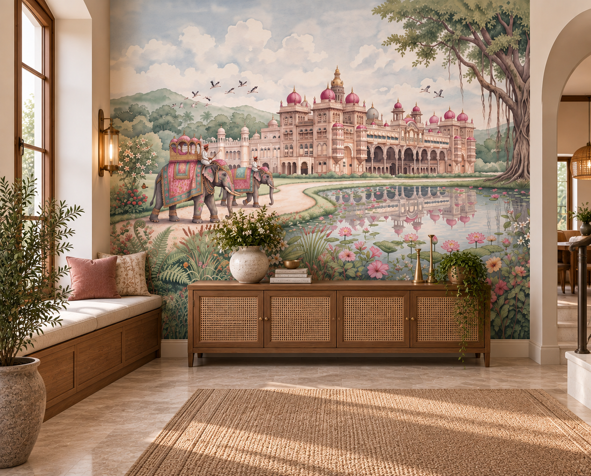 Maharaja's Lotus Garden mural with hibiscus, lilies and marigolds by the water, GD13088