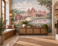 Maharaja's Lotus Garden mural with hibiscus, lilies and marigolds by the water, GD13088