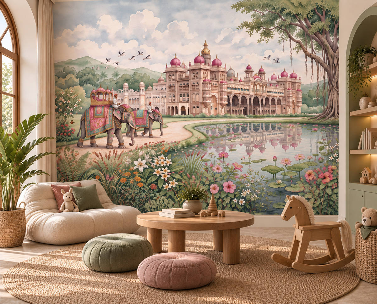 Maharaja's Lotus Garden mural detail of pink palace domes and blue sky, GD13088