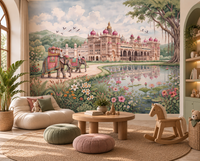 Maharaja's Lotus Garden mural detail of pink palace domes and blue sky, GD13088