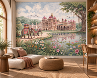 Maharaja's Lotus Garden mural with pink lotus blooms on a calm pond, GD13088