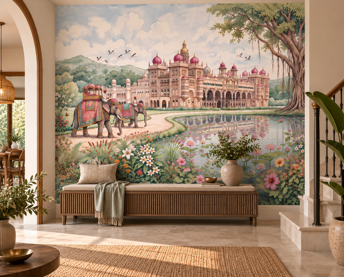 Maharaja's Lotus Garden mural detail of banyan tree and green hills, GD13088
