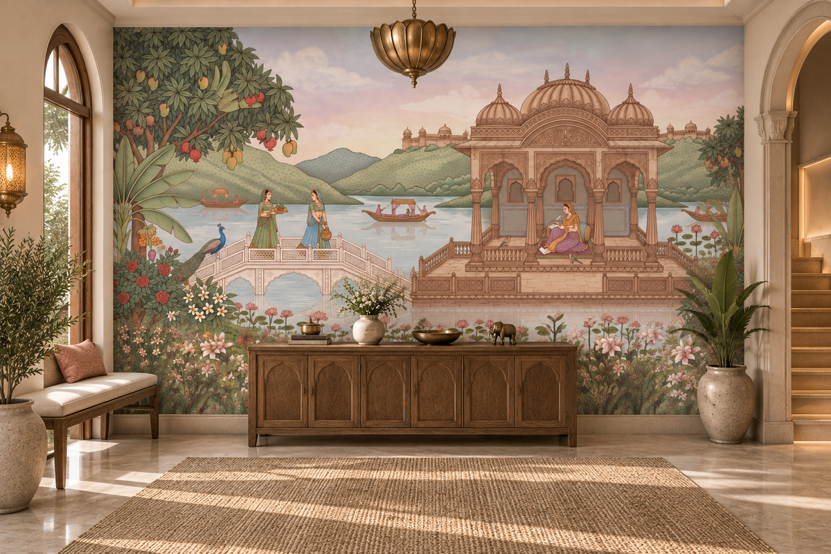 Royal Lotus Pavilion Pichwai artistic wall mural with sandstone pavilion, peacock and lotus lake in a dining room, GD13089