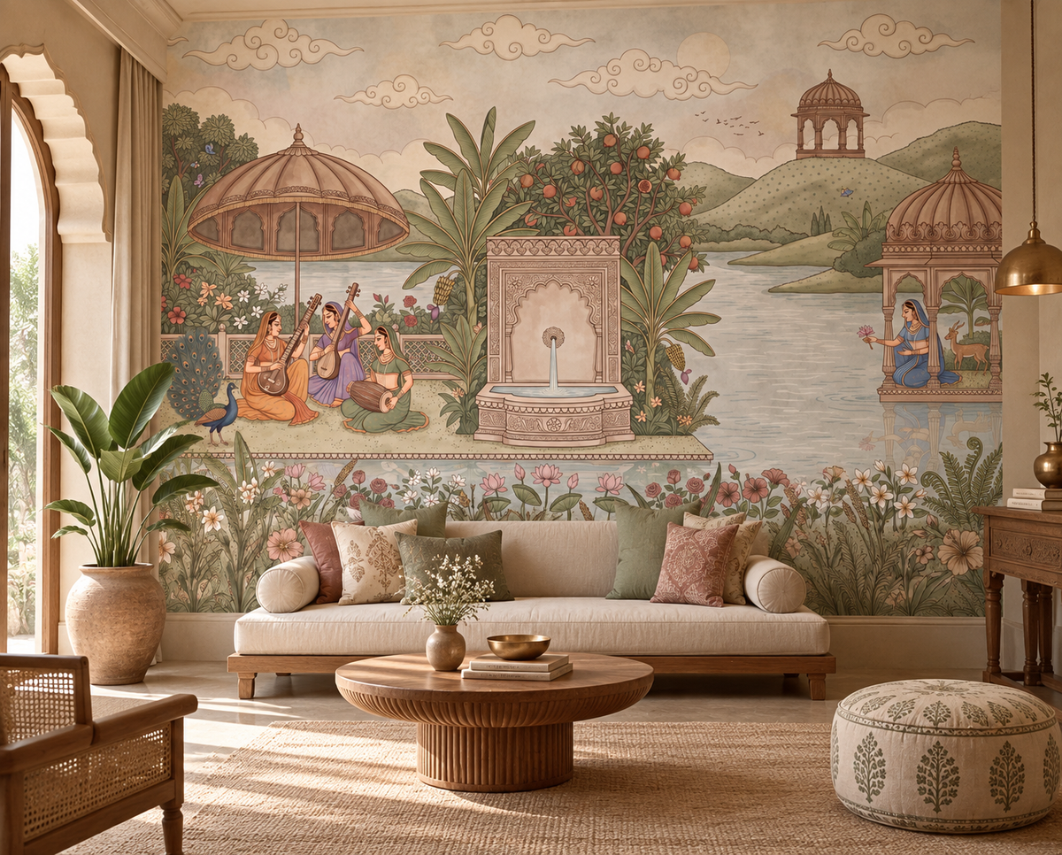 Enchanted Garden of Raag mural detail of pavilion and fountain by the lake, GD13090