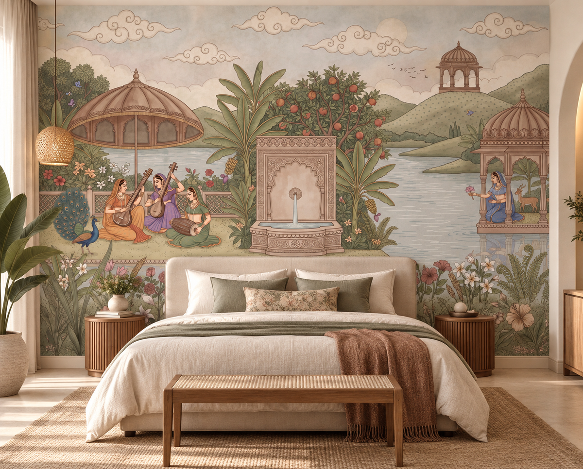 Enchanted Garden of Raag mural with lotus flowers and earthy garden palette, GD13090