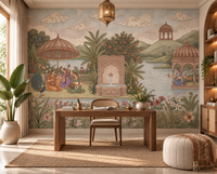 Enchanted Garden of Raag mural with domed pavilion and woman feeding a deer, GD13090